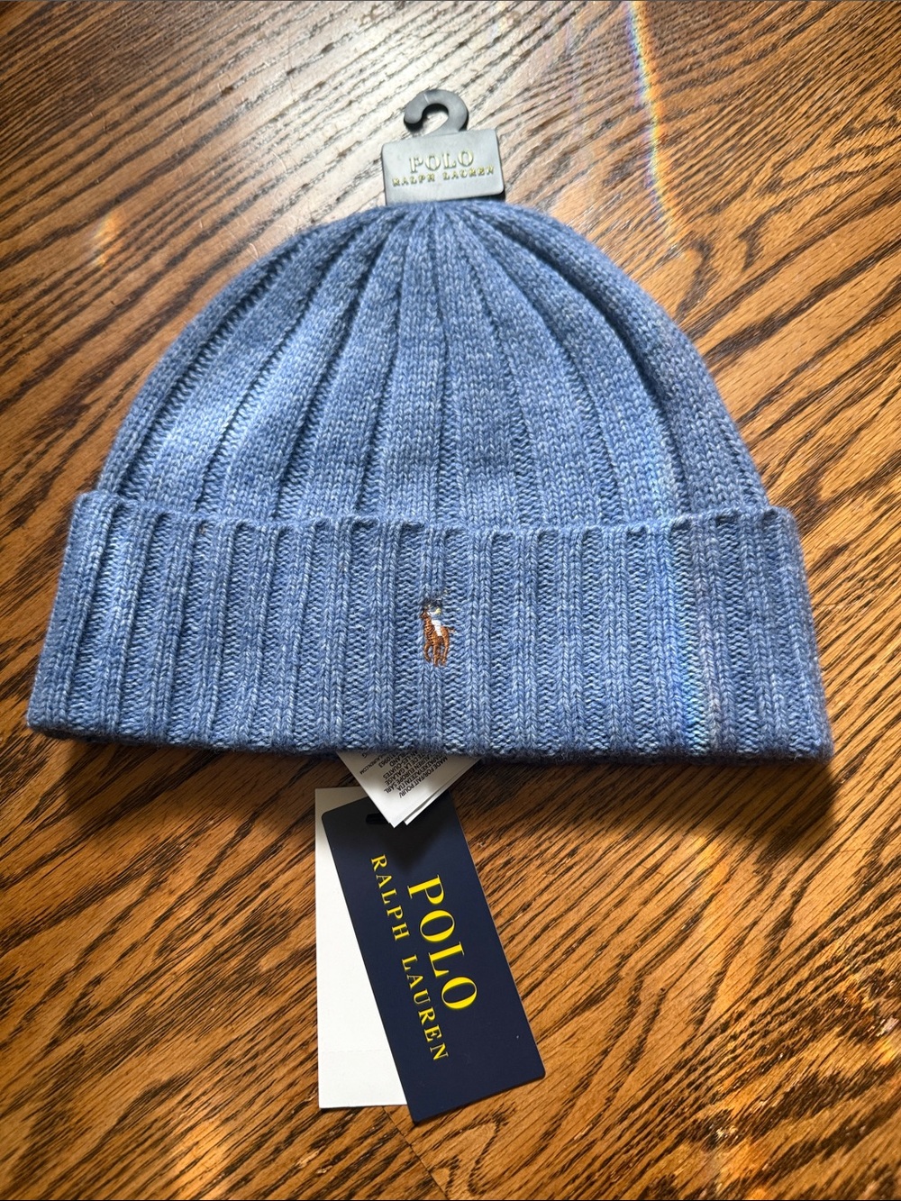 Ralph Lauren Light Blue Ribbed Cuff Beanie with Polo Pony..NWT..o/s